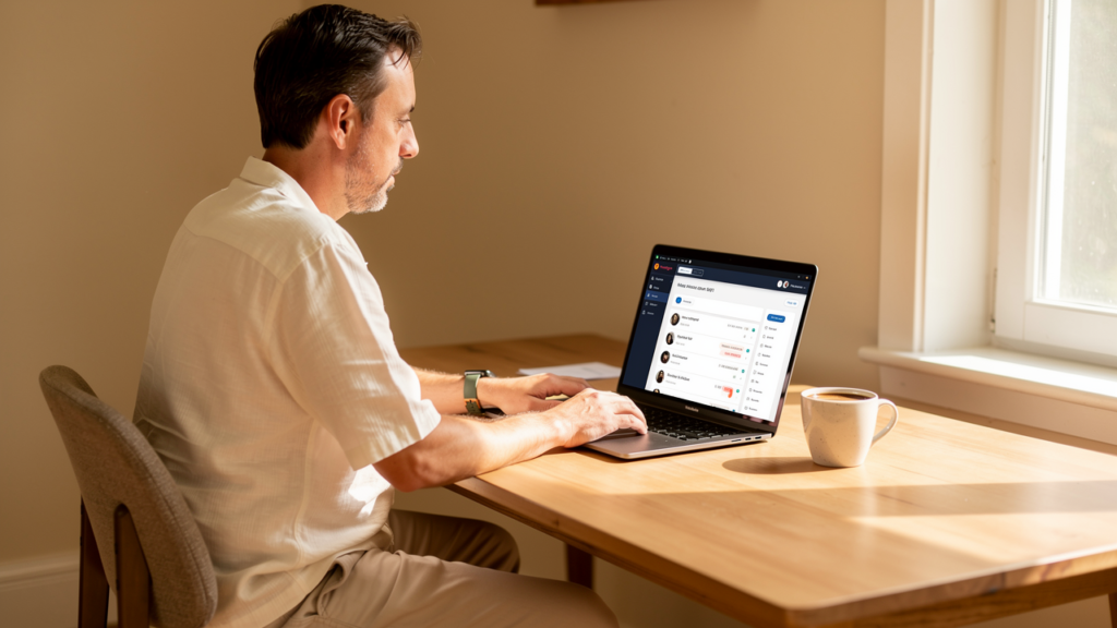Home office desk with laptop showing the best web hosting for bloggers dashboard, coffee cup, and warm natural lighting