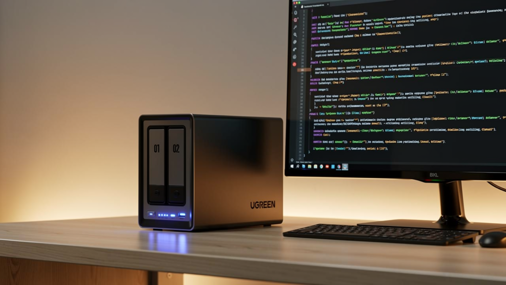 UGREEN DXP2800 NAS on a desk beside a monitor running self-hosted AI agents for content automation